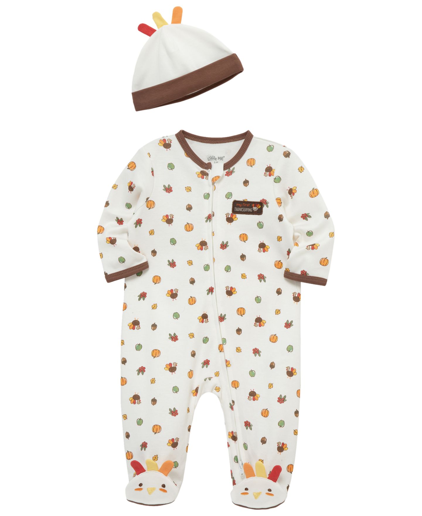 Комбинезон Little Me Turkey Footie Coverall with Matching Hat для малышей, цвет: Слоновая кость с принтом — фото 2