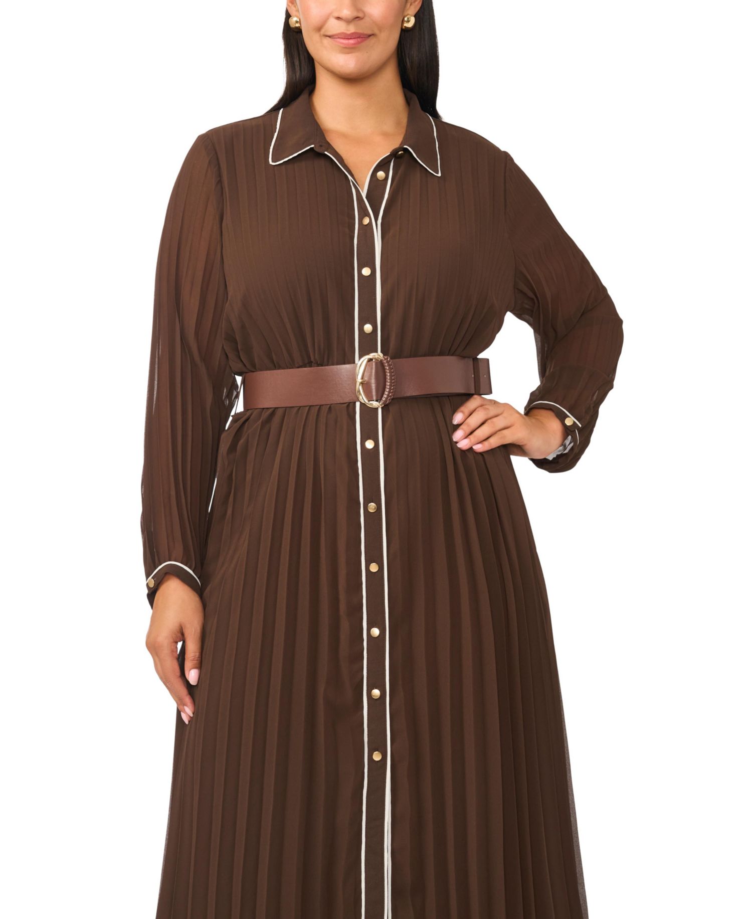 Plus Size Pleated Button-Up Long-Sleeve Midi Dress