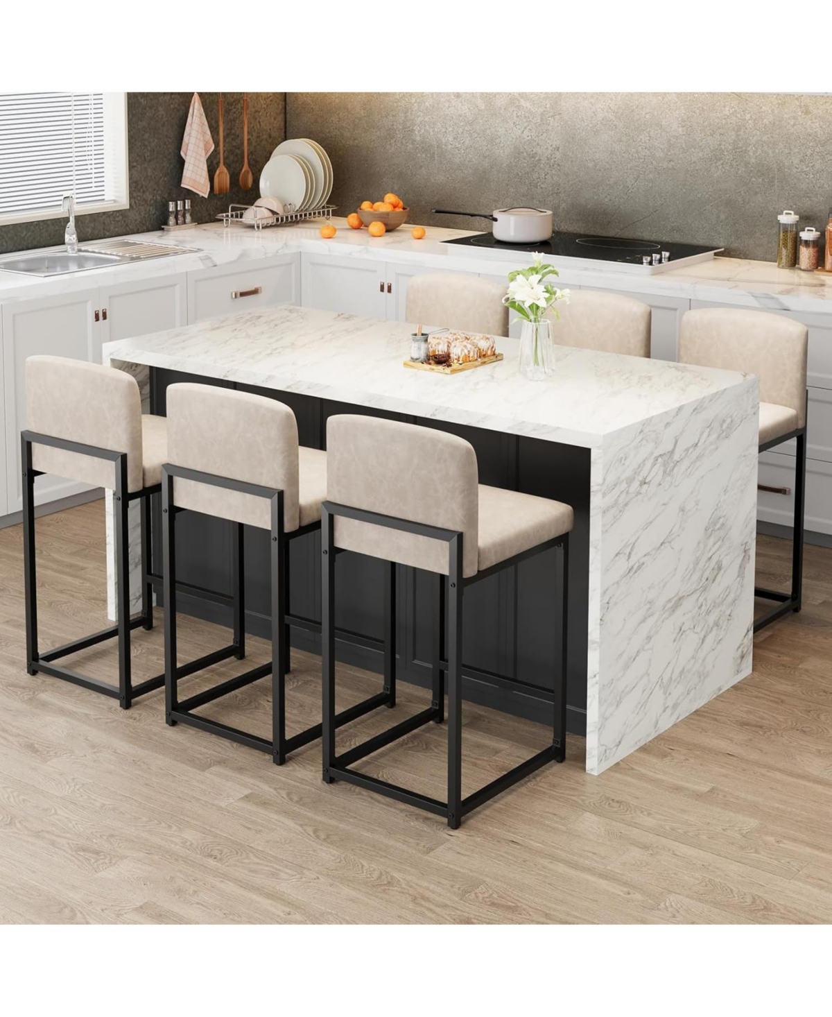 gaomon Set of 6 Modern Bar Stools Pu Leather Counter Height Barstools with Back, Upholstered Bar Chairs for Kitchen Island and Home Bar