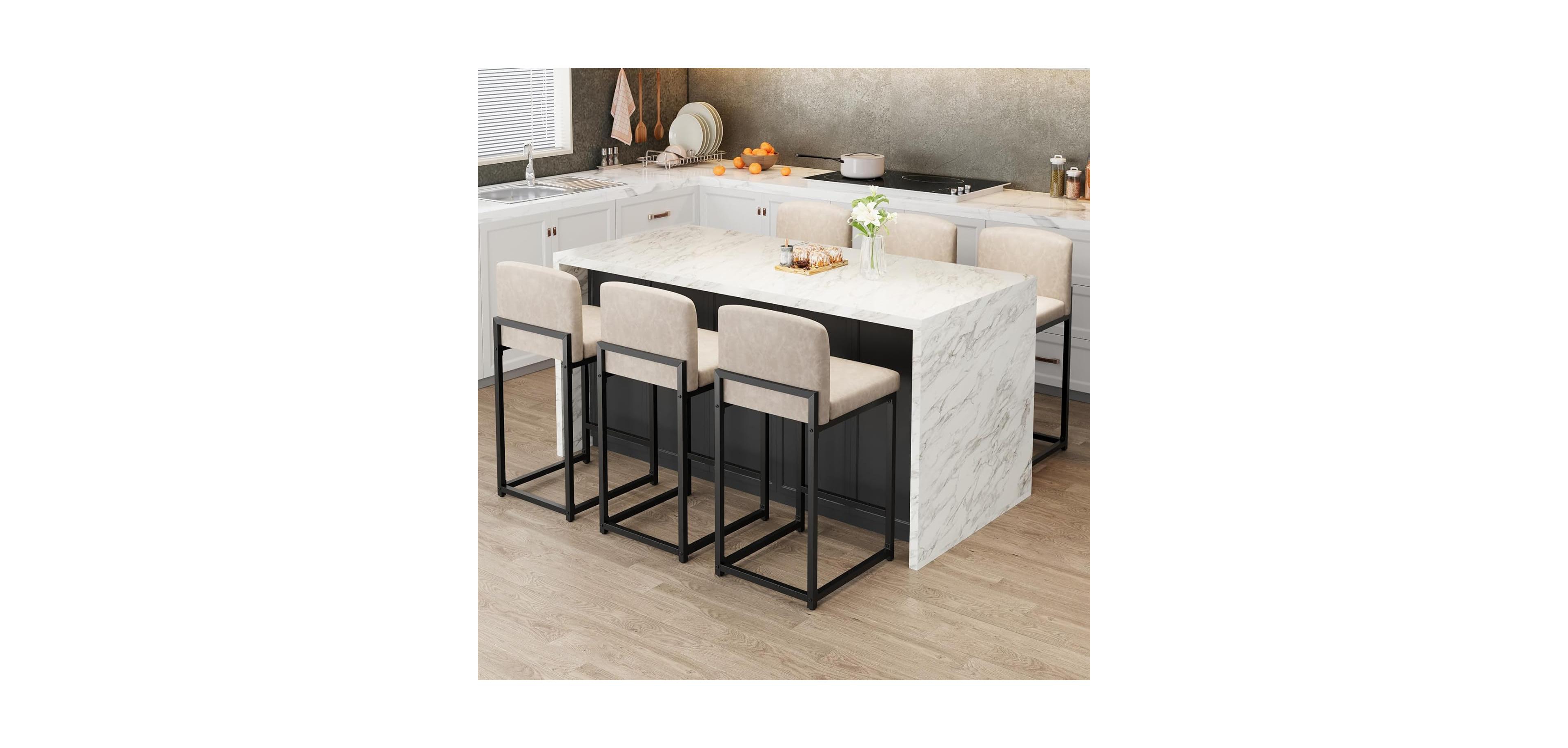 gaomon Set of 6 Modern Bar Stools Pu Leather Counter Height Barstools with Back, Upholstered Bar Chairs for Kitchen Island and Home Bar