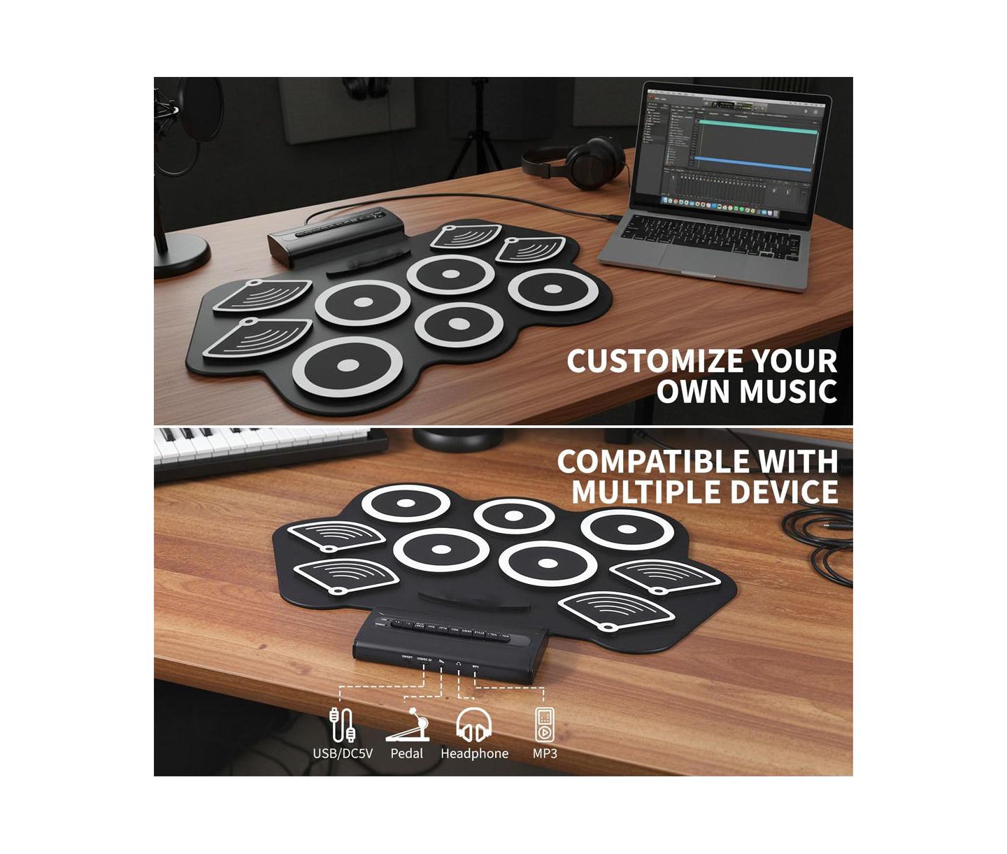 Детские игрушки homfan Roll-Up Electronic Drum Kit Bluetooth MIDI 9-Pad, Ages 10+ — фото 6
