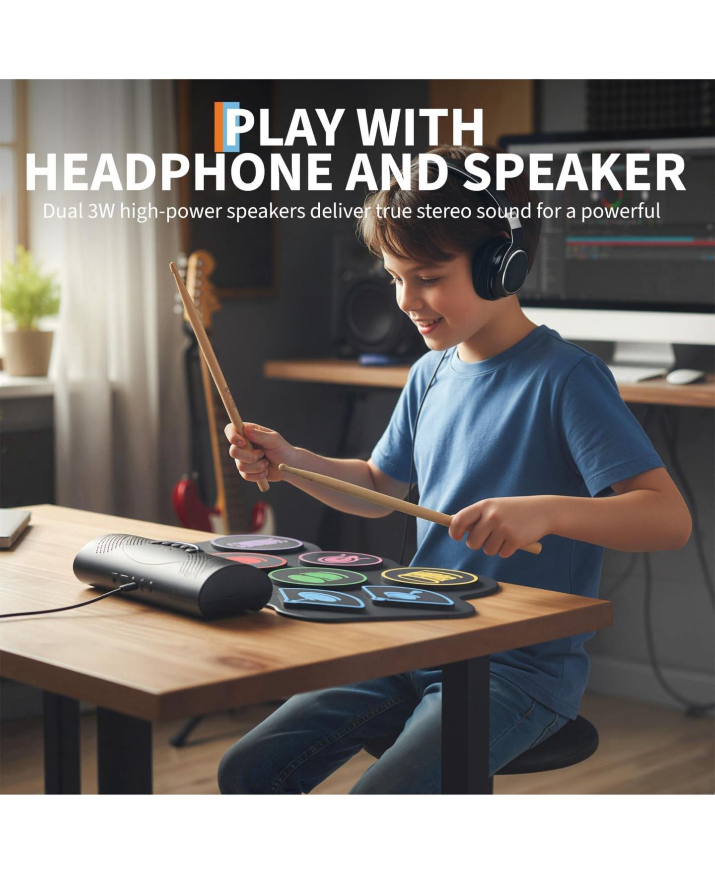 Детские игрушки homfan Roll-Up Portable Electronic Drum Set with Color-Coded Pads, 9-Piece, Ages 10+ — фото 6
