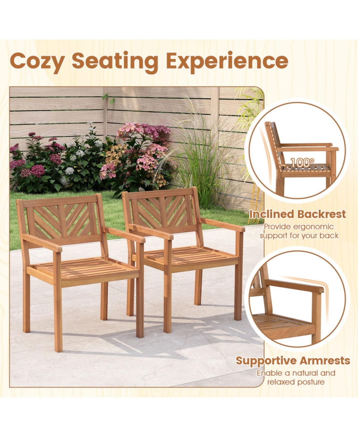 Gouun Set of 4 Solid Acacia Wood Outdoor Patio Dining Chairs with 400 Lb Capacity
