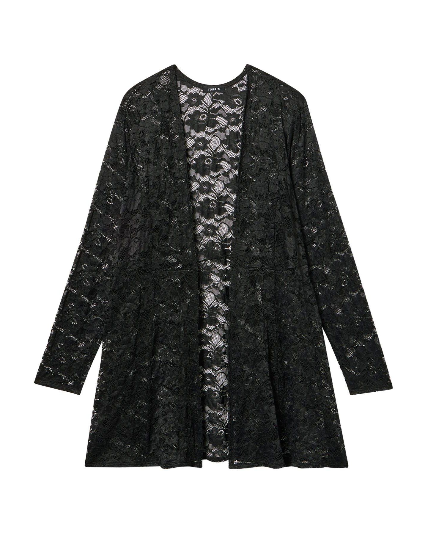 Torrid Plus Size Lace Open-Front Fit-and-Flare Kimono, цвет: Глубокий чёрный — фото 4