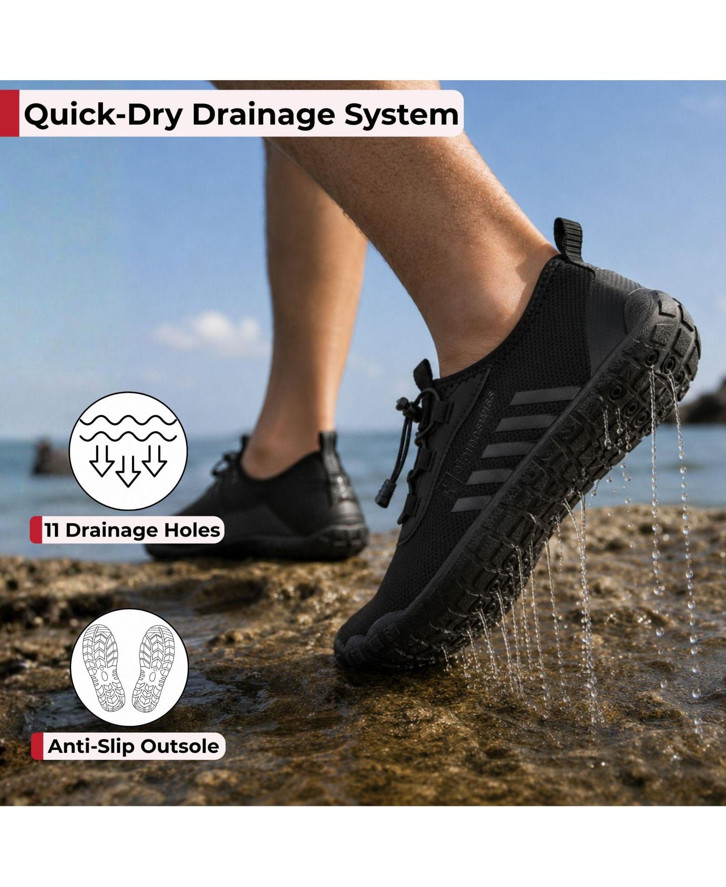 Мужские кроссовки Alpine Swiss Odin Quick-Dry Water Shoes Lightweight Non-Slip Beach Barefoot, цвет: Чёрный — фото 5