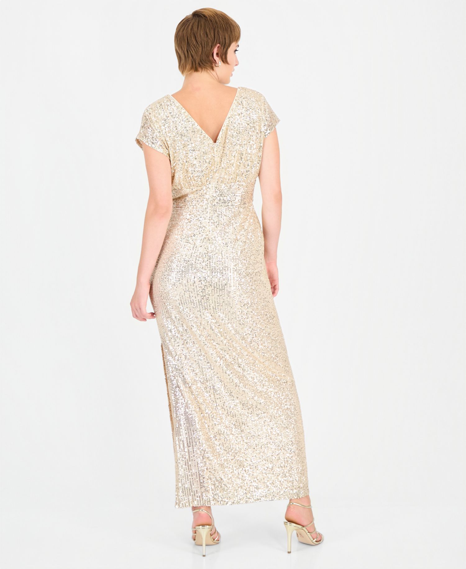 Women's Allover-Sequin Cape-Sleeve Side-Slit Gown