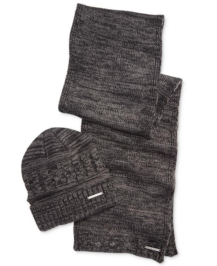 Sean John Men's MultiKnit Marled Cuffed Beanie,and Scarf Set, Created
