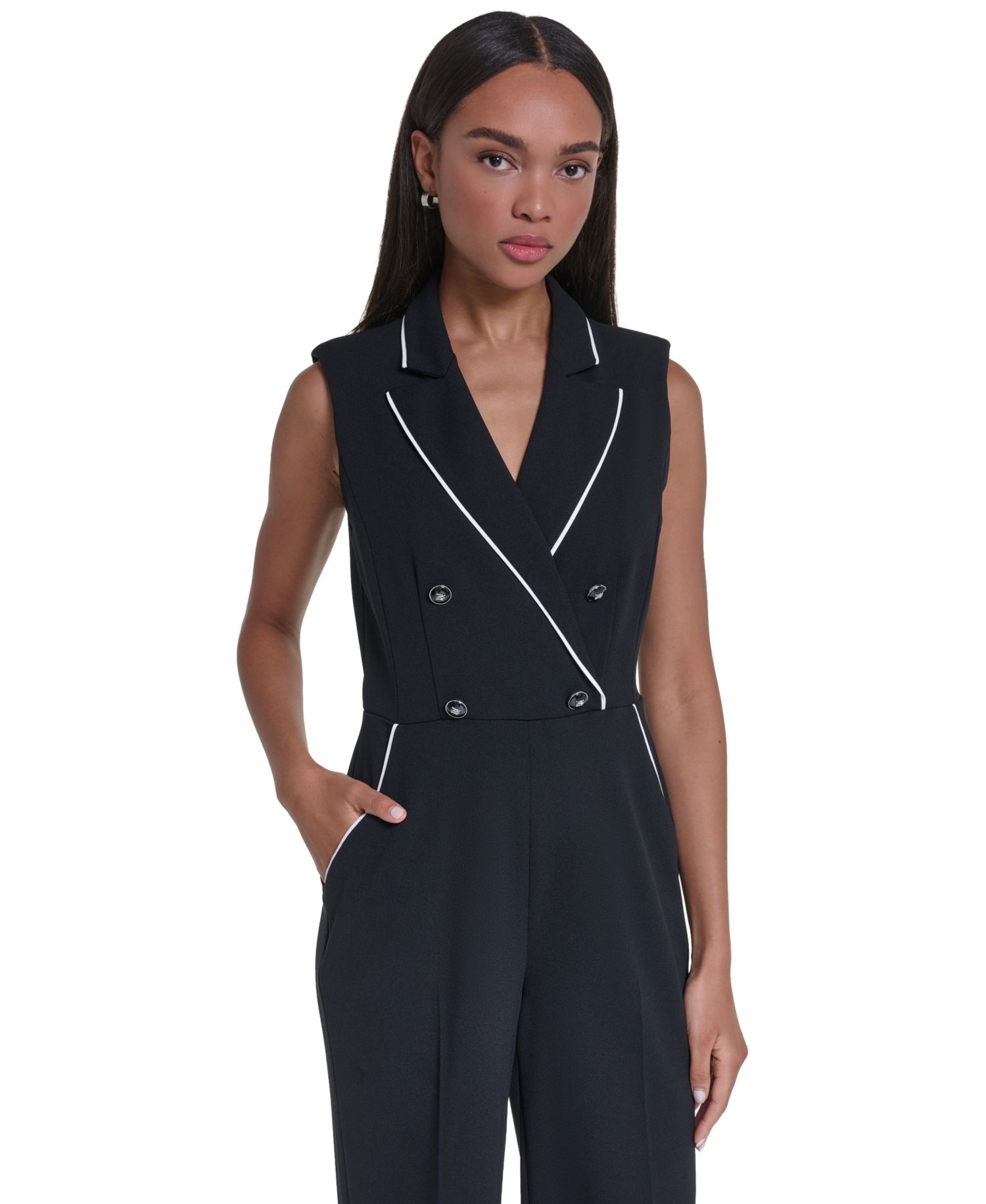 Women's Scuba Crepe Sleeveless Collared Wide-Leg Jumpsuit