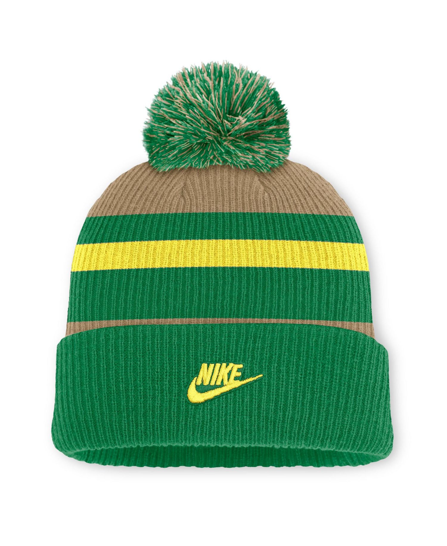 Men's and Women's Green/Beige Oregon Ducks Legacy Striped Cuffed Knit Hat with Pom