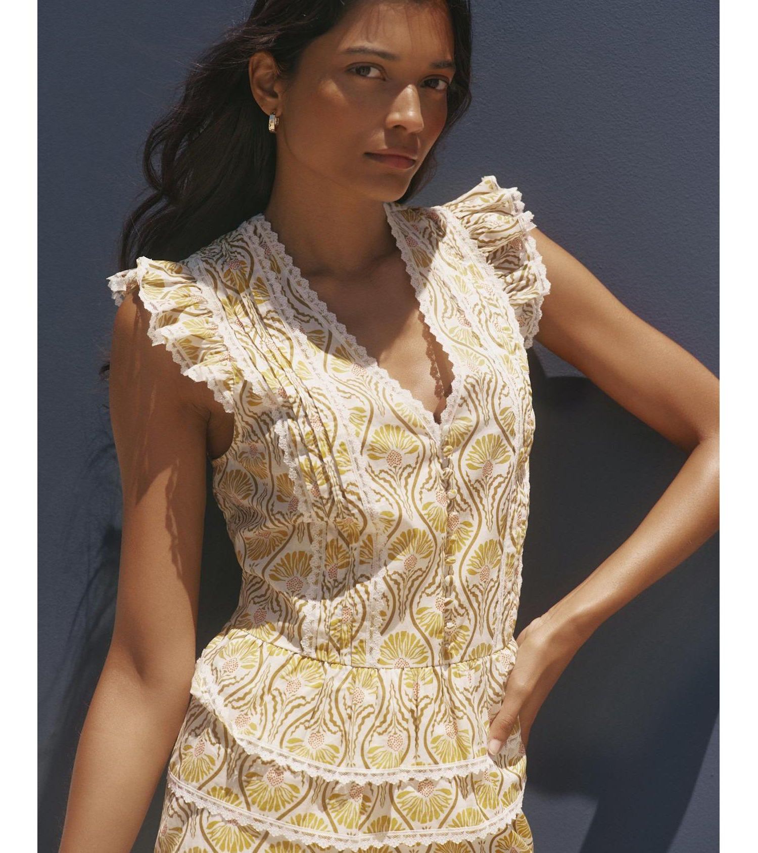 Women's Floral-Print V-Neck Peplum Cotton Top