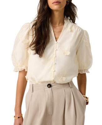 Women's Short-Puff-Sleeve V-Neck Applique Butterfly Blouse