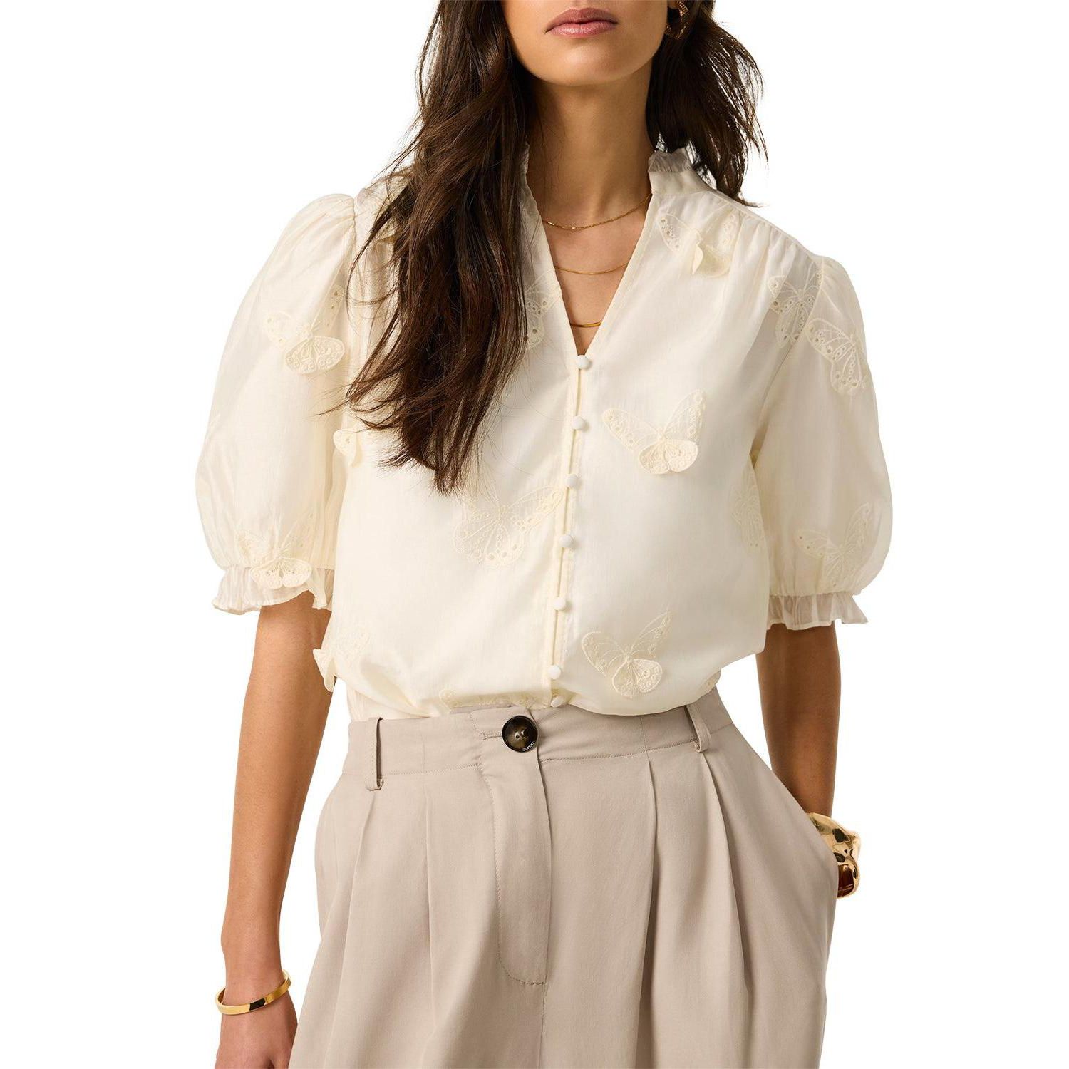 Women's Short-Puff-Sleeve V-Neck Applique Butterfly Blouse