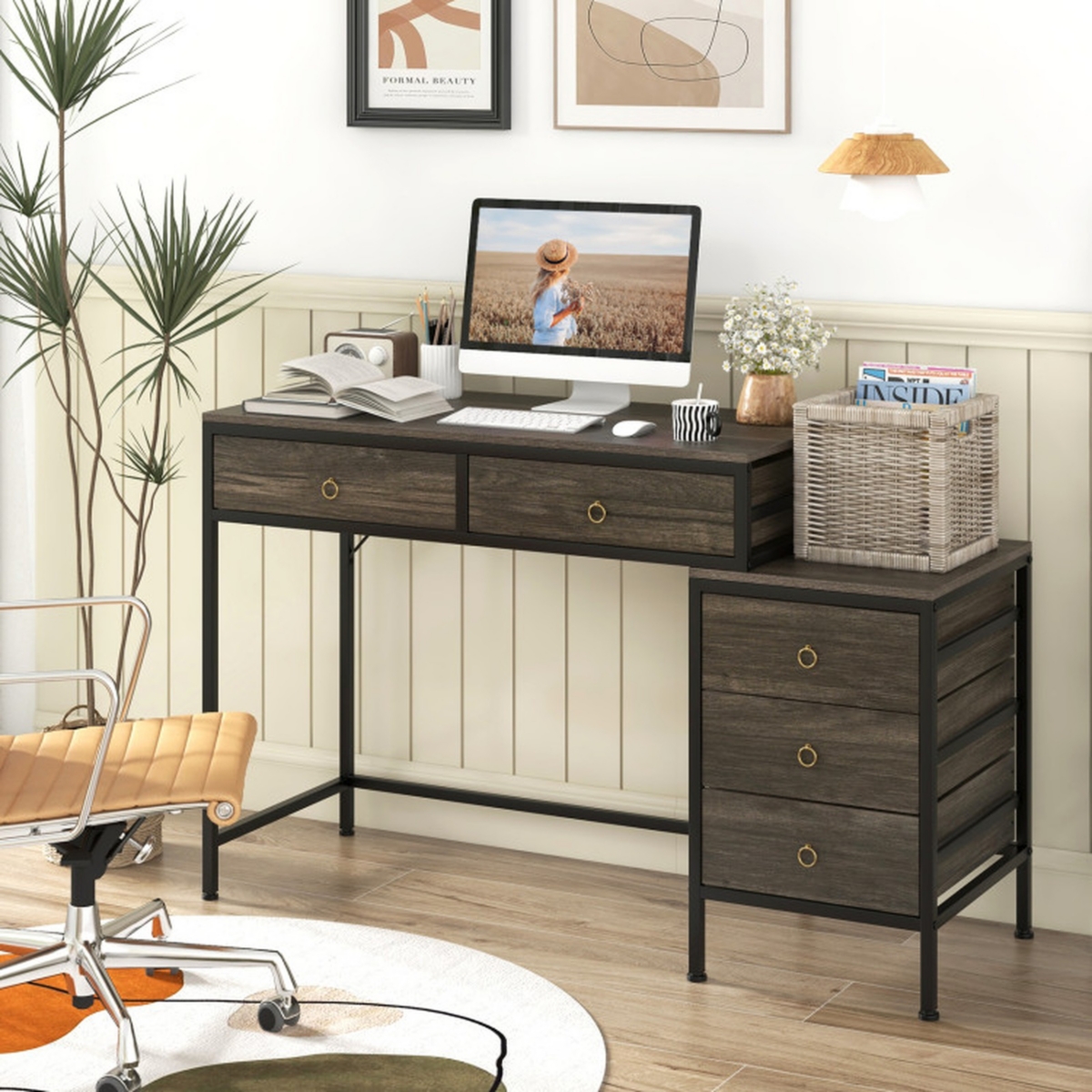 Sugift Computer Desk with 5 Drawers and Side File Cabinet for Home Office