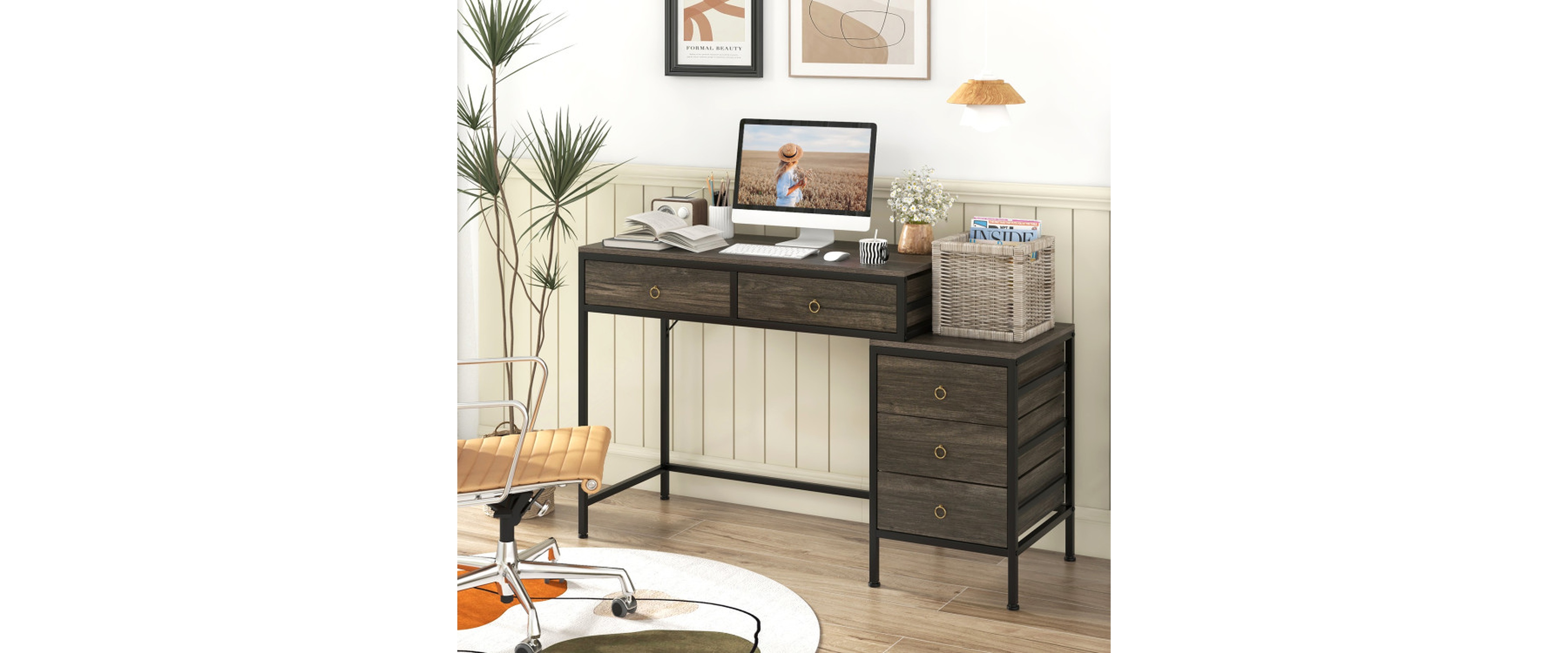 Sugift Computer Desk with 5 Drawers and Side File Cabinet for Home Office