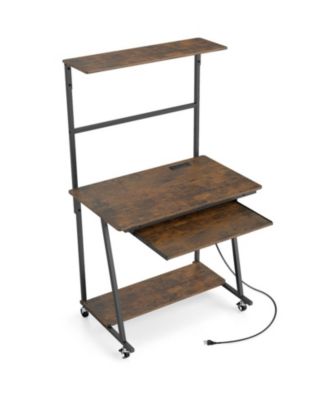 Small Rolling Computer Desk with Charging Station and LED Lights