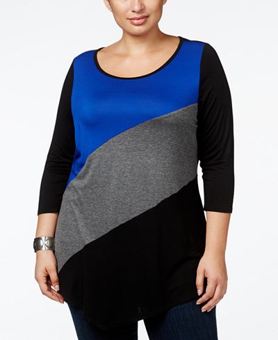 Belldini Plus Size Colorblock Handkerchief-Hem Tunic