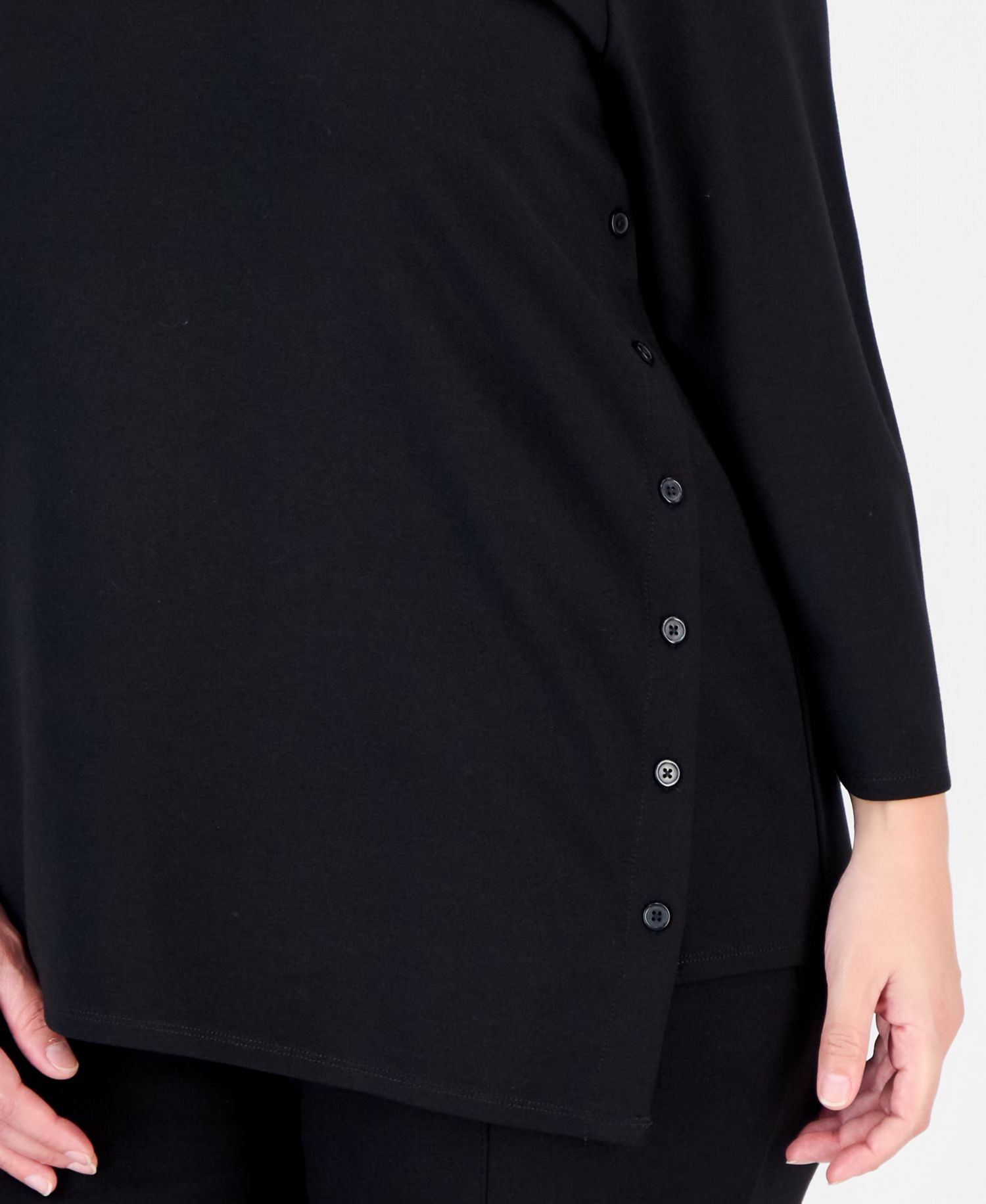 Plus Size Asymmetrical Button Serenity Knit 3/4-Sleeve Boat-Neck Tunic