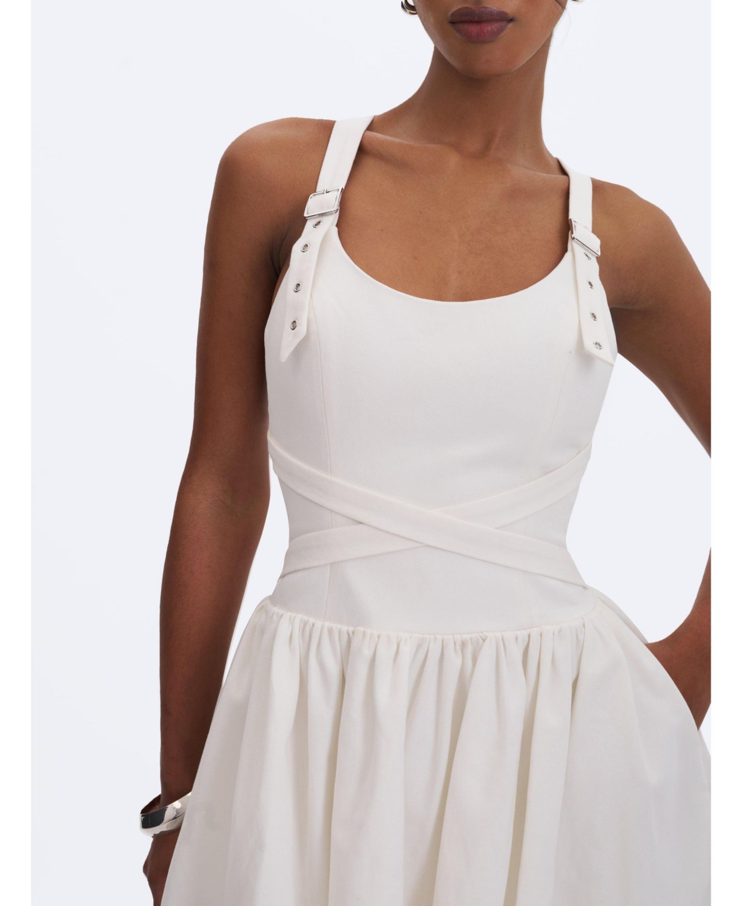 Women's Francine Scoop Neck Crossover Strap Mini Denim Dress