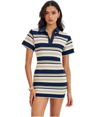 Women's Whitley Navy and Ivory Pique Cotton Striped Collared Mini Dress