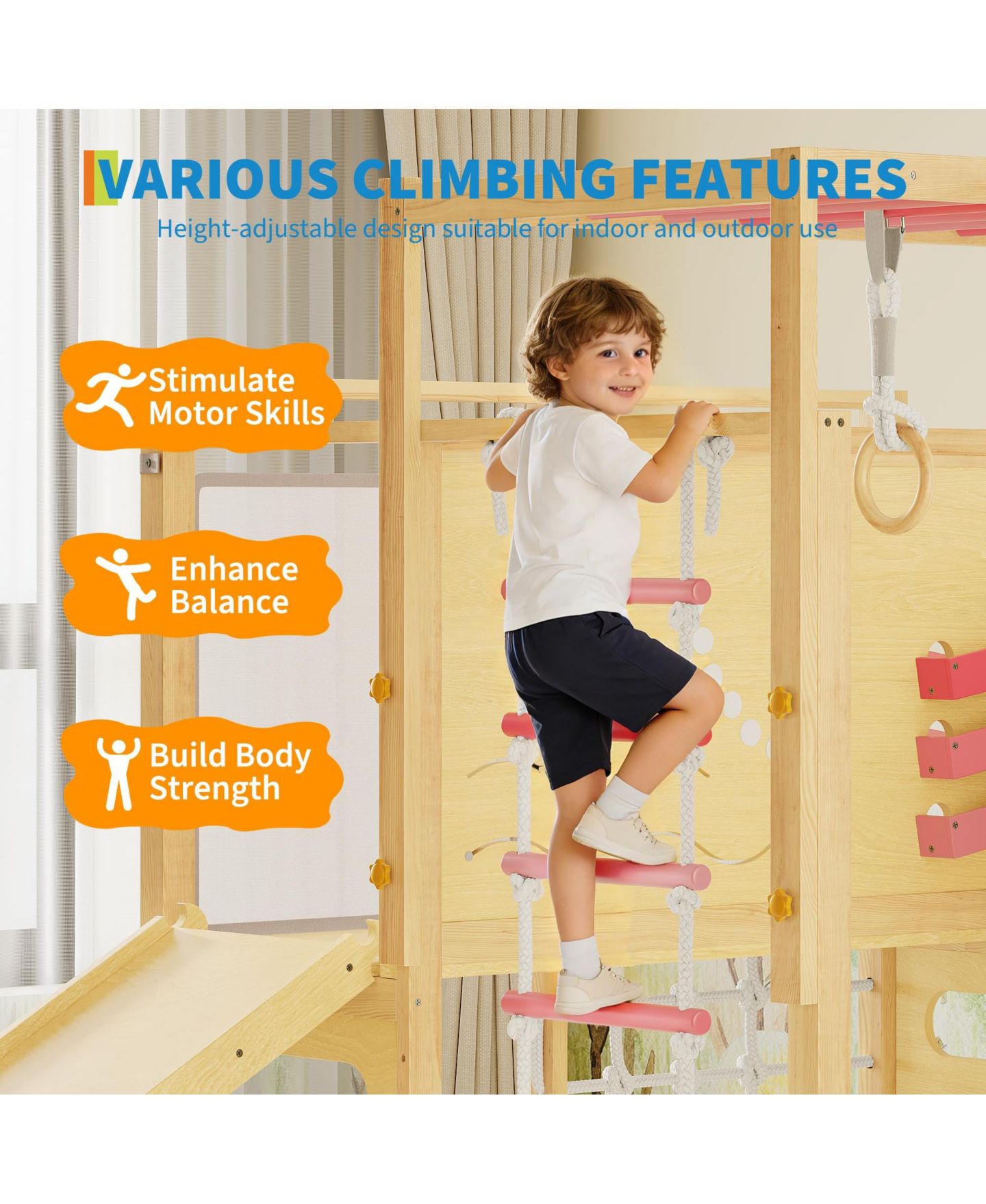 Детская игрушка homfan 9-in-1 Wooden Indoor Jungle Gym, Supports 4 Kids, Ages 2-8 — фото 6