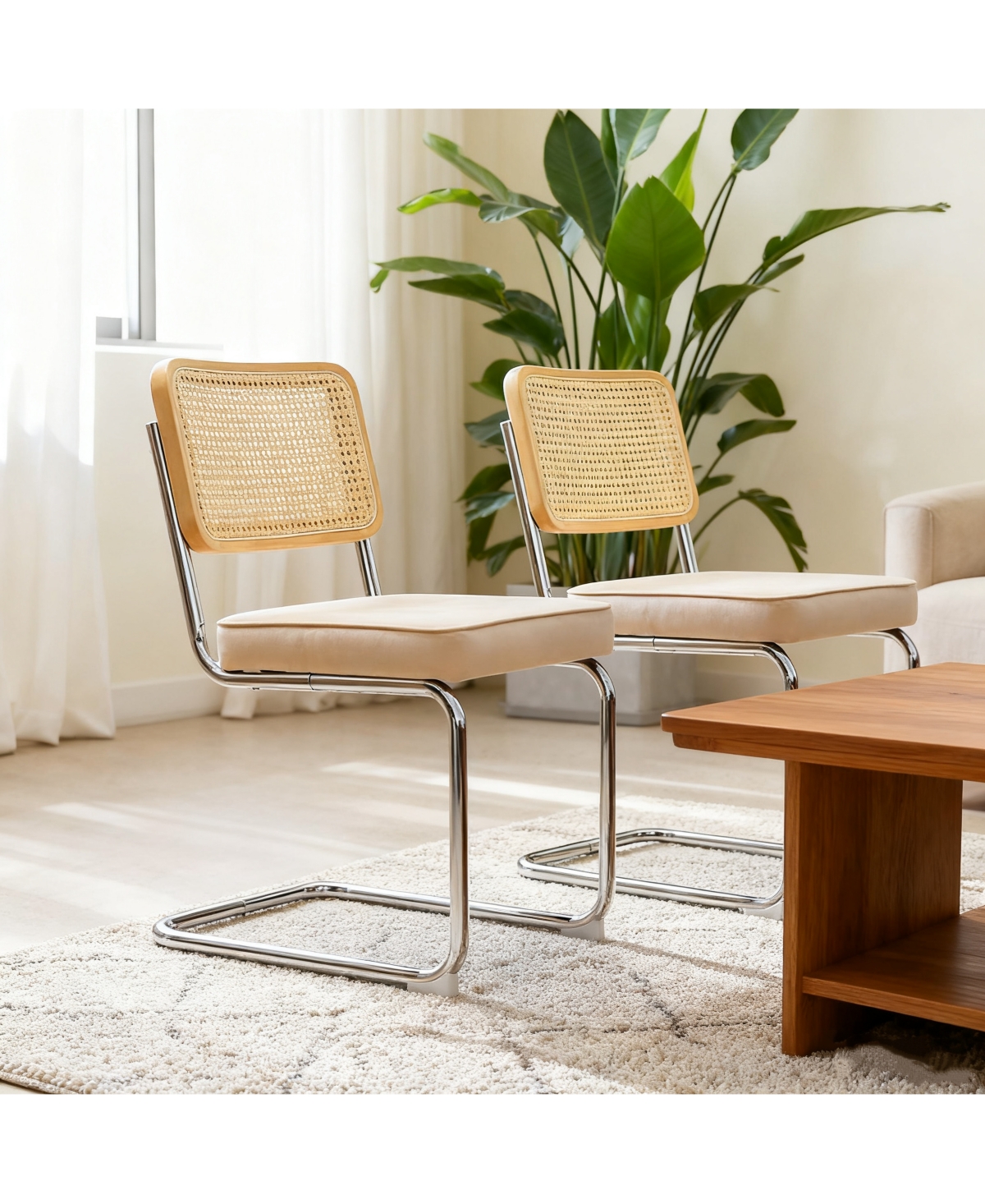 Flynama Set of 2 Champagne Velvet Rattan Cantilever Dining Chairs, Chrome Tubular Steel Breuer Stackable Side Chairs