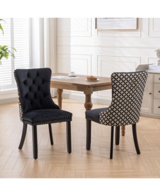Set of 2  Patterned Velvet Dining Chairs, Solid Wood Nailhead Chairs with Adjustable Legs