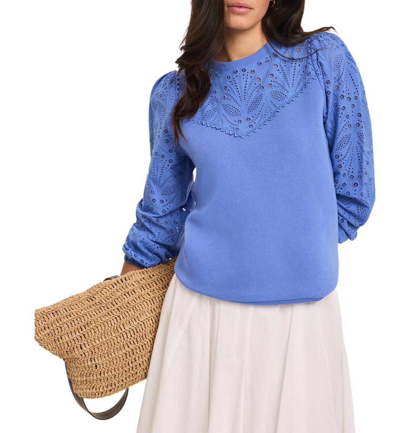 Женские толстовки Mint Velvet Cotton-Blend Broderie Blouson-Sleeve, цвет: Синий — фото 1