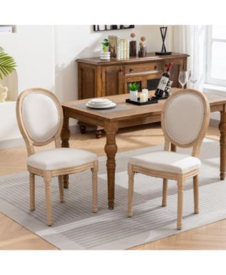 Set of 2 Carved Solid Wood Linen Dining Chairs, Antique Painted Frame 300 LBS Weight Limit