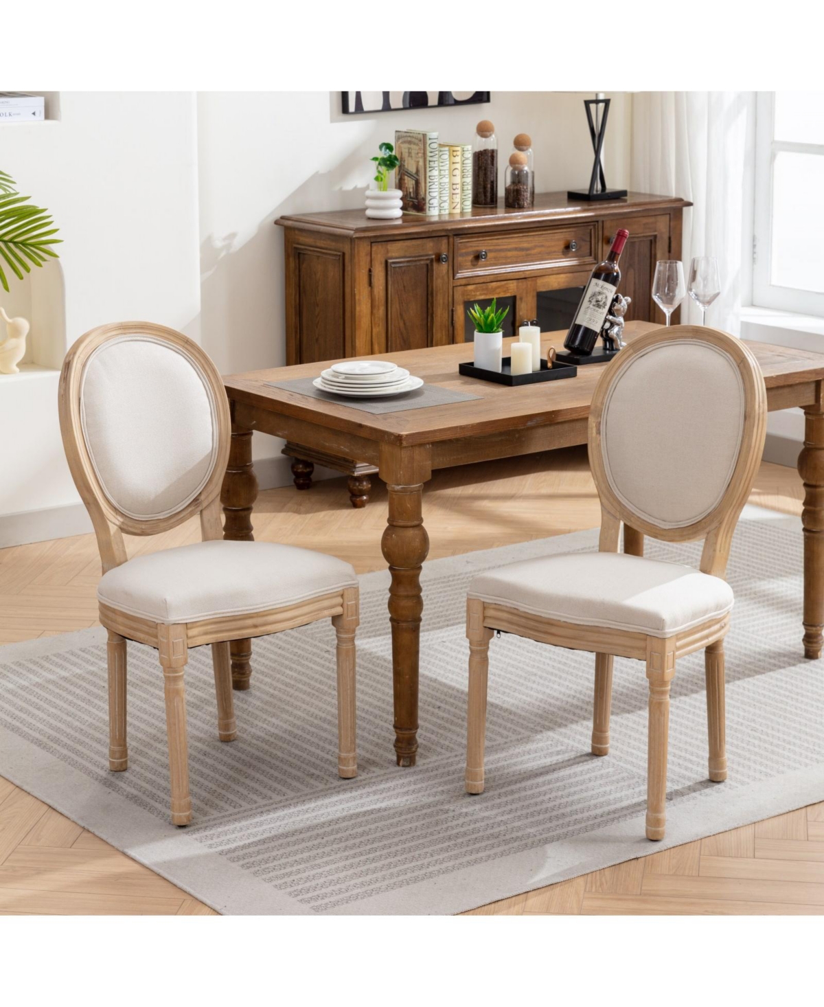 Flynama Set of 2 Carved Solid Wood Linen Dining Chairs, Antique Painted Frame 300 Lbs Weight Limit