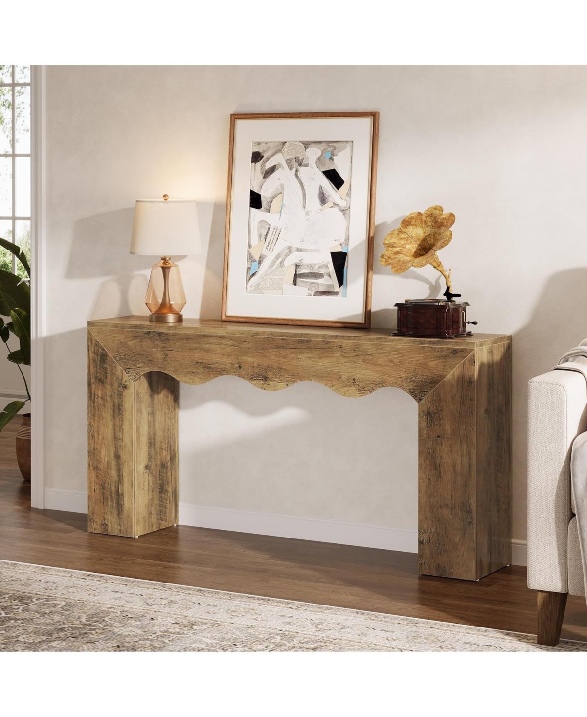Tribesigns 63" Farmhouse Console Table with Wavy Edge and Storage