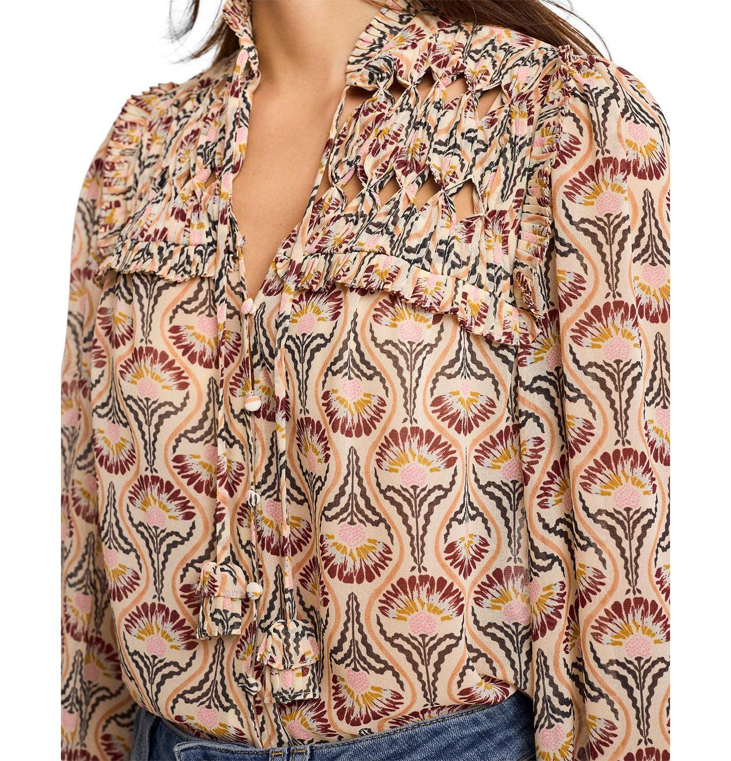 Женская блузка Mint Velvet Floral-Print Ruffle-Trim Tie-Front Long-Sleeve, цвет: Коричневый — фото 2