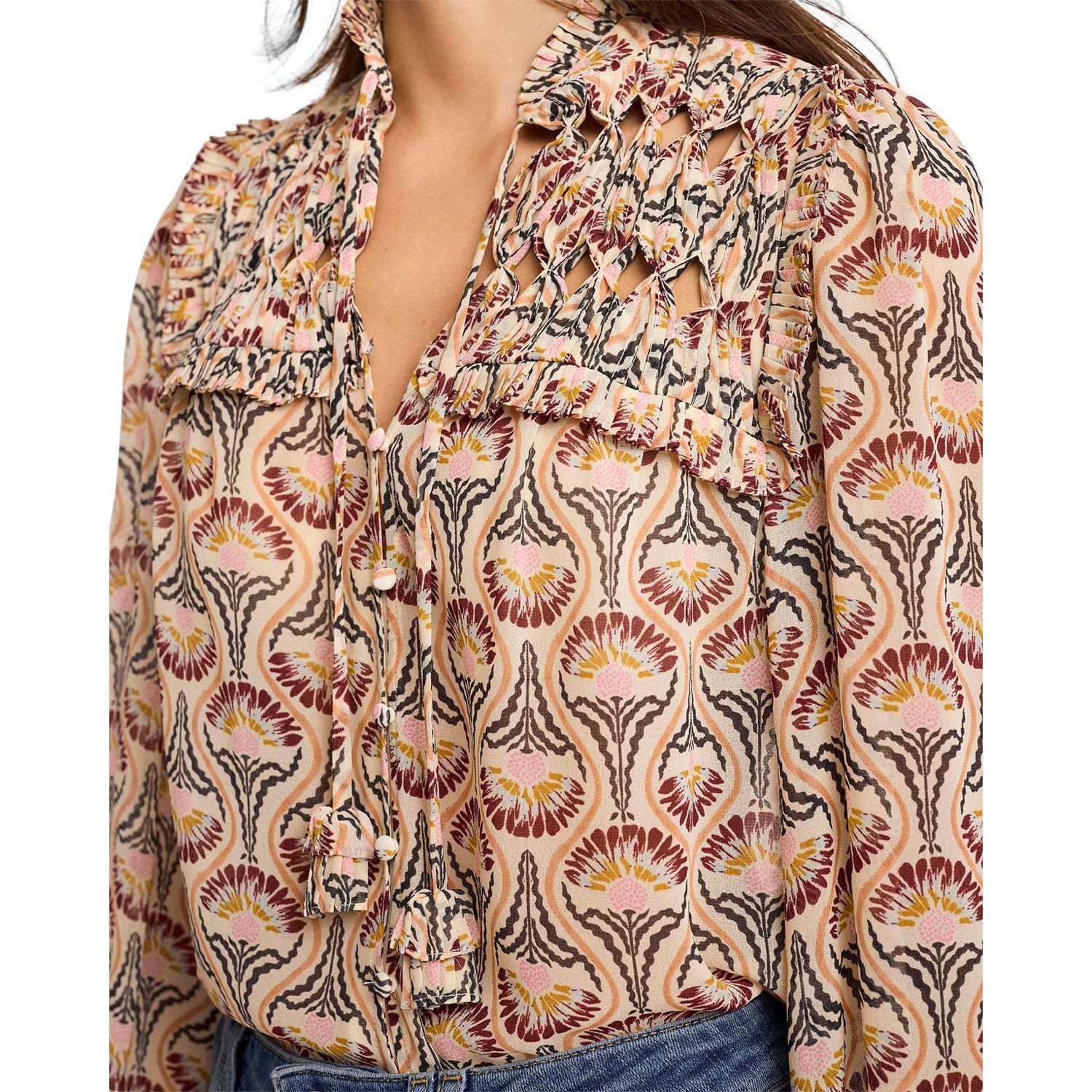 Women's Floral-Print Ruffle-Trim Tie-Front Long-Sleeve Blouse