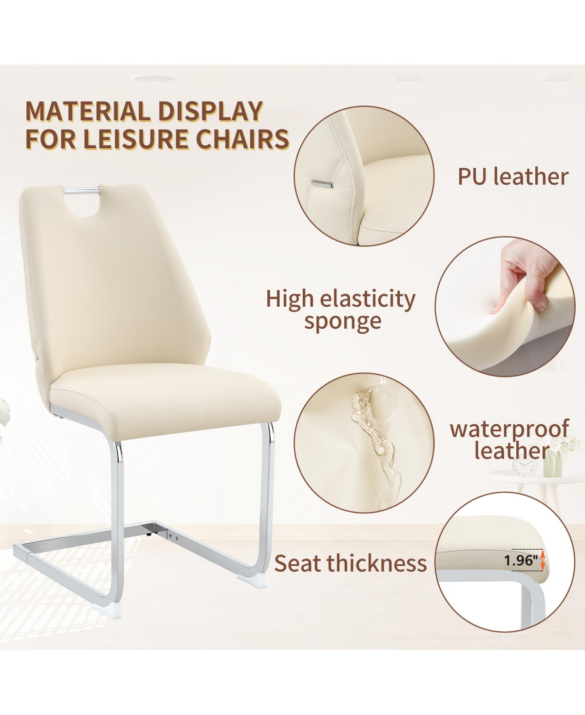 Flynama Set of 2 Pu Mesh Texture High Back Dining Chairs, Back Ring Chrome Pull Handle Solid Iron Frame