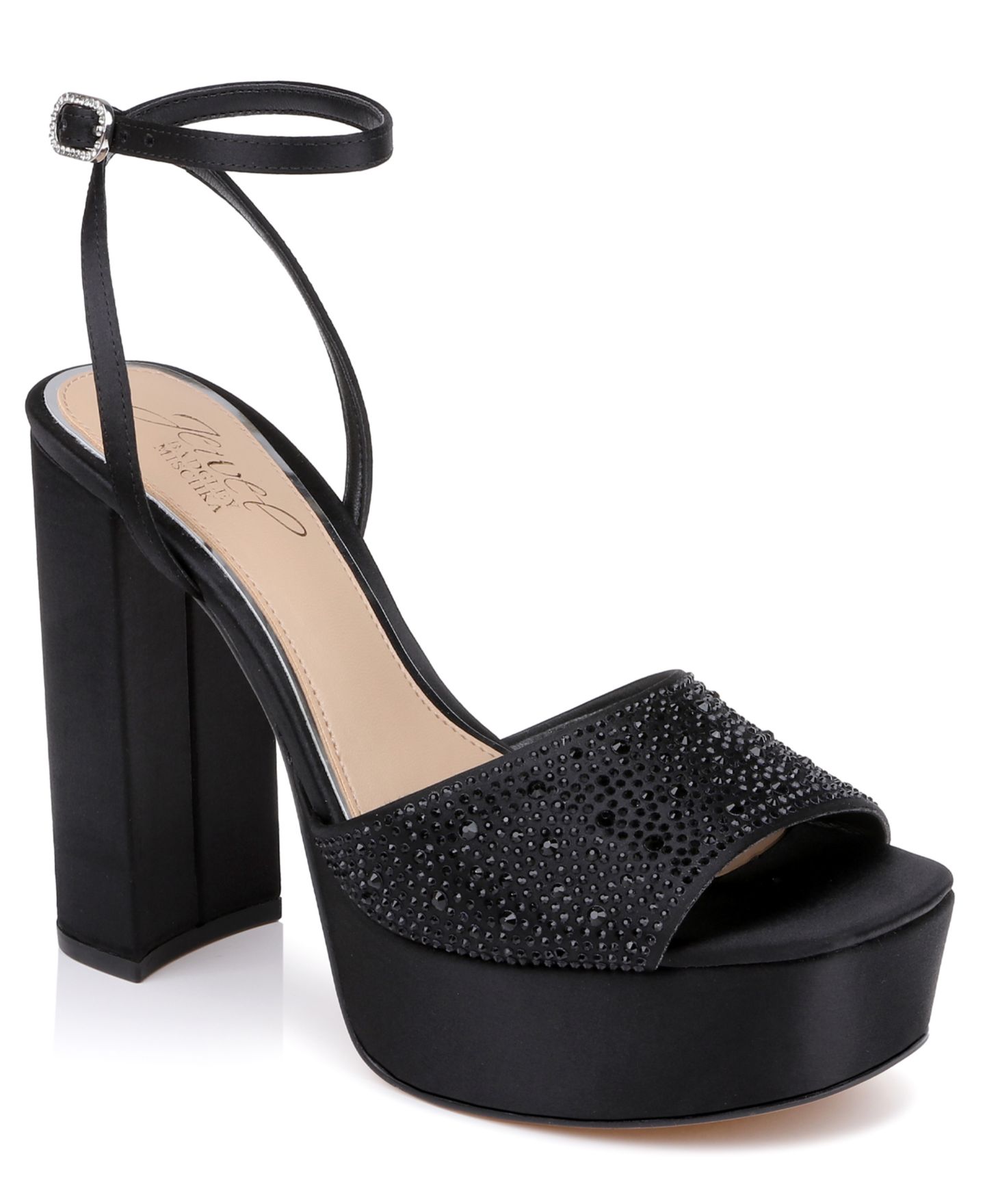 Женские сандалии Jewel Badgley Mischka Bahari Open Toe Dress Sandals, цвет: Чёрный атласный — фото 1