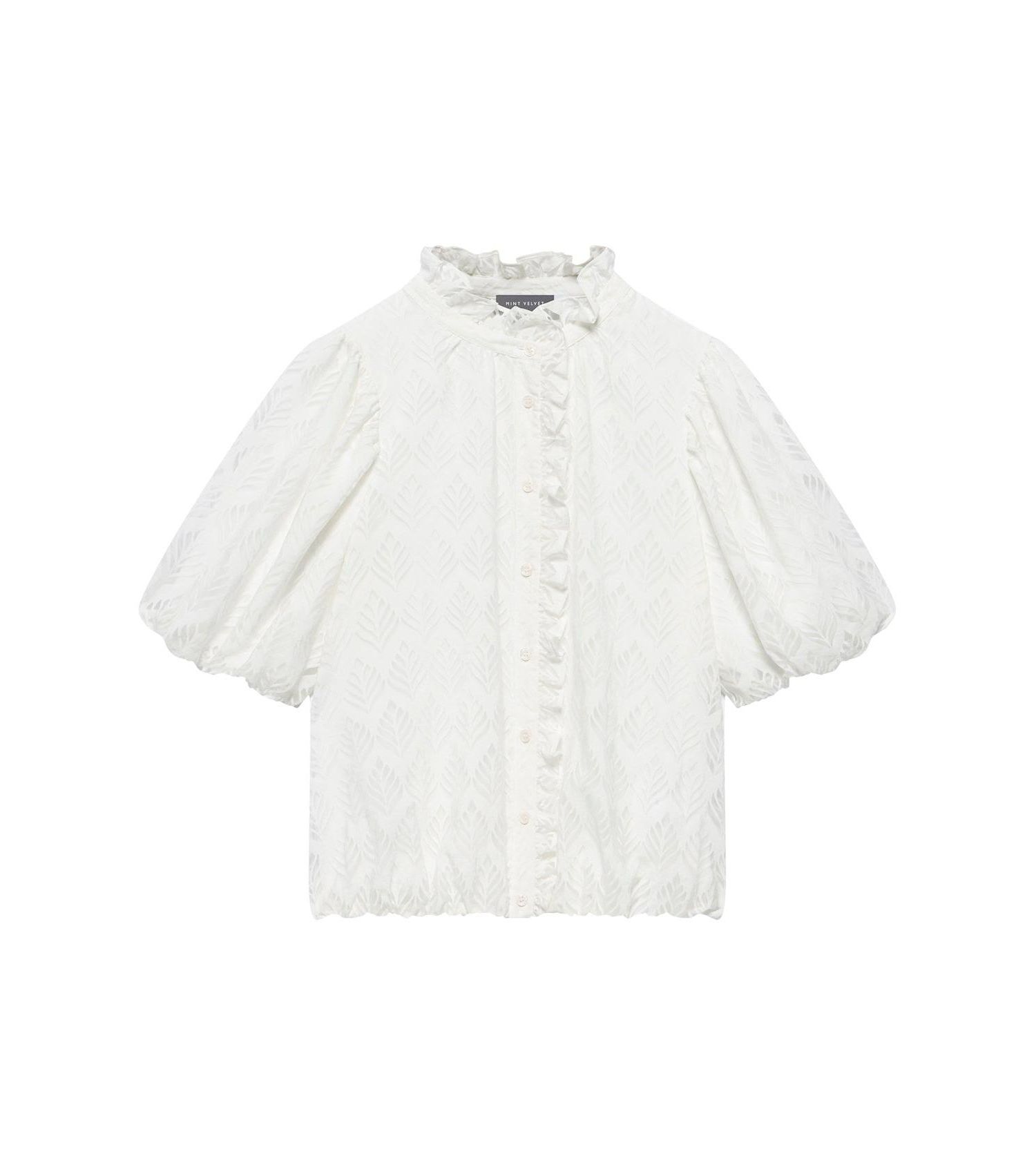 Women's Short Puff Sleeve Jacquard Ruffle-Trim Blouse