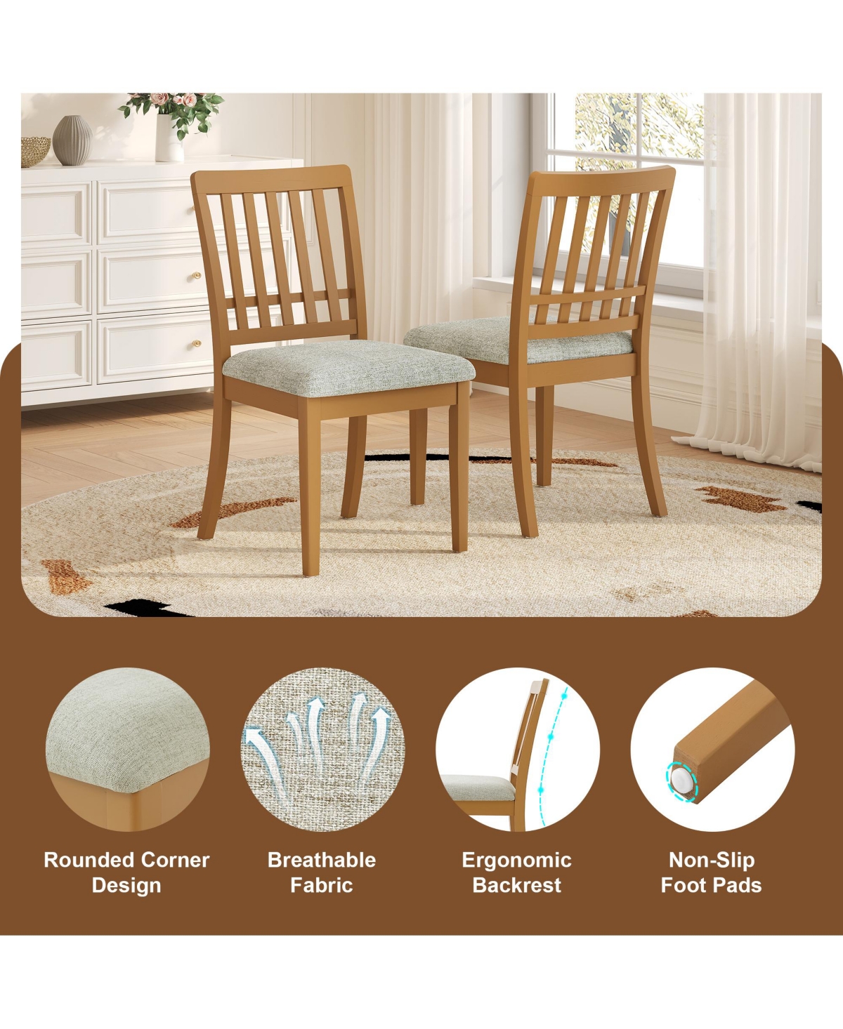 Flynama 2-Piece Modern Dining Chairs Set of 2, Curved Wood Backrest with Fabric Seat, Rubber Wood and Lvl Frame