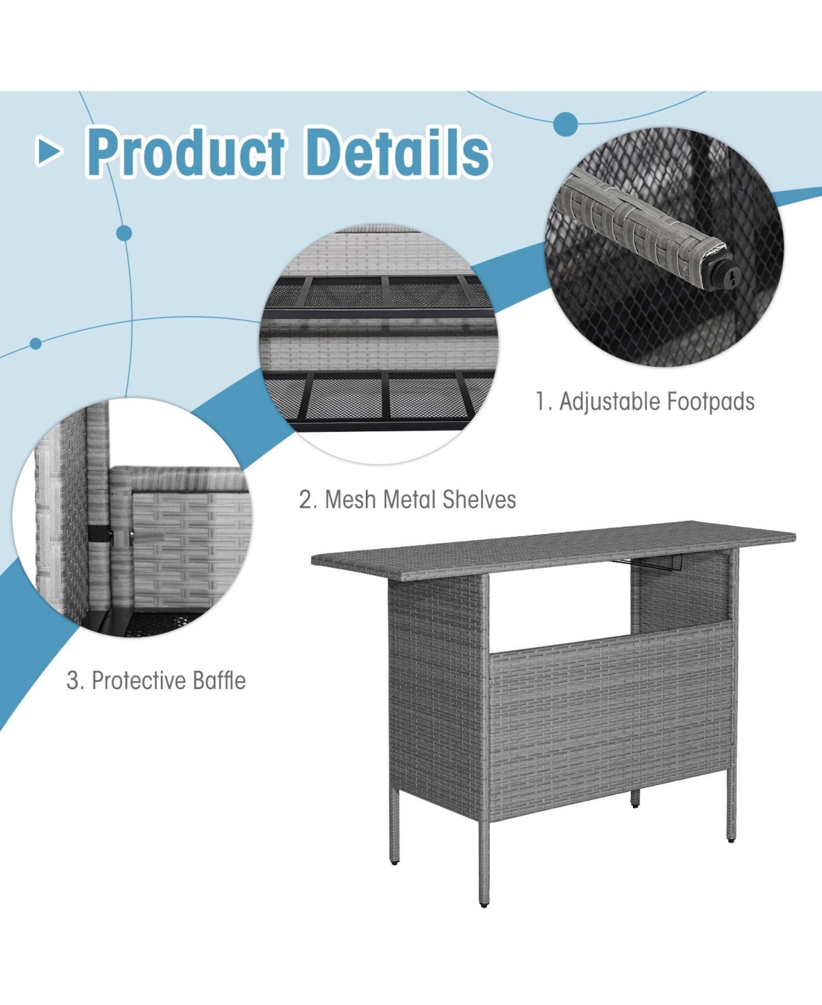 Mecale 55-Inch Outdoor Wicker Bar Table with Metal Storage Shelves