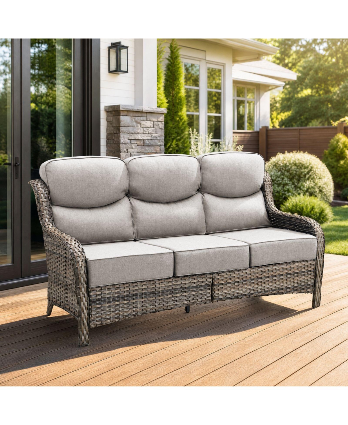 Bellefurn Outdoor Wicker Patio Sofa with 6" Thick Cushions, All-Weather Handwoven Pe Rattan Couch, Crescent High Backrest for Porch and Balcony