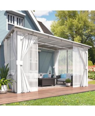 12' x 10'Wall Mounted Hardtop Gazebo Lean to Metal Pergola with Curtains Netting Patio