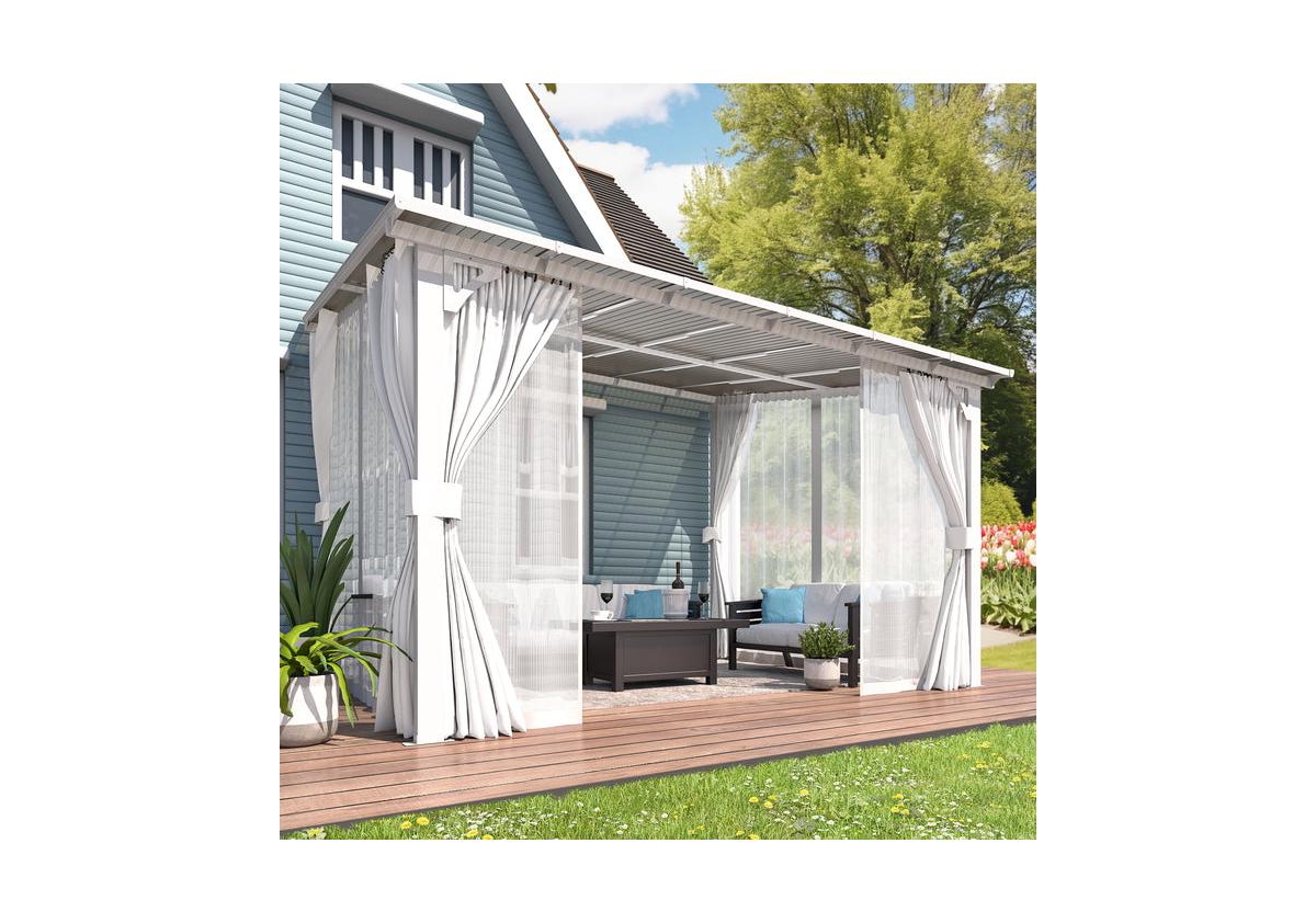 Aecojoy 12' x 10'Wall Mounted Hardtop Gazebo Lean to Metal Pergola with Curtains Netting Patio