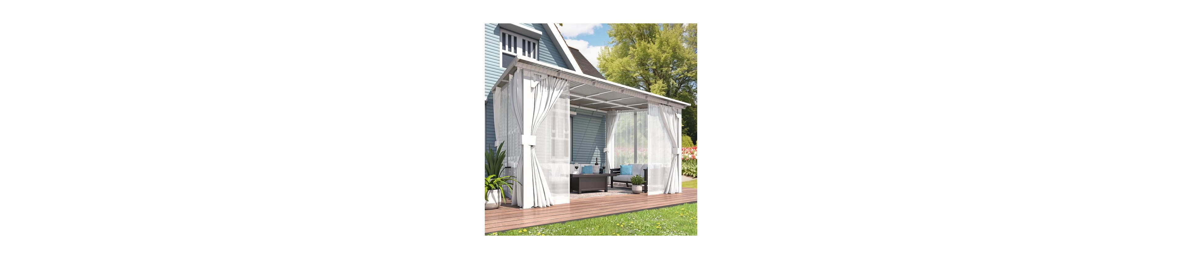 Aecojoy 12' x 10'Wall Mounted Hardtop Gazebo Lean to Metal Pergola with Curtains Netting Patio
