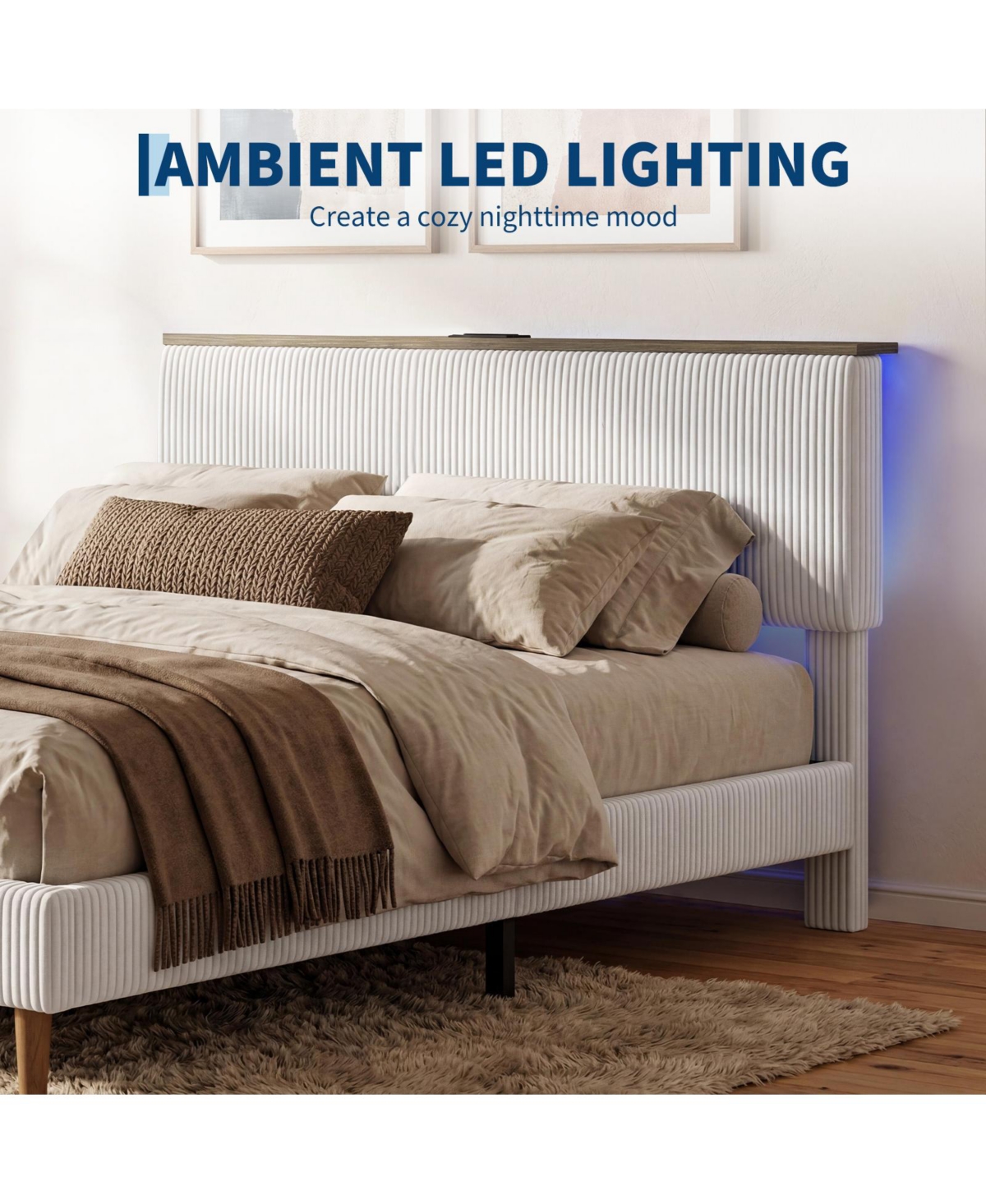 gaomon Queen Bed Frame – Upholstered Platform with Corduroy Storage Headboard, Charging Station and Led Lights, No Box Spring