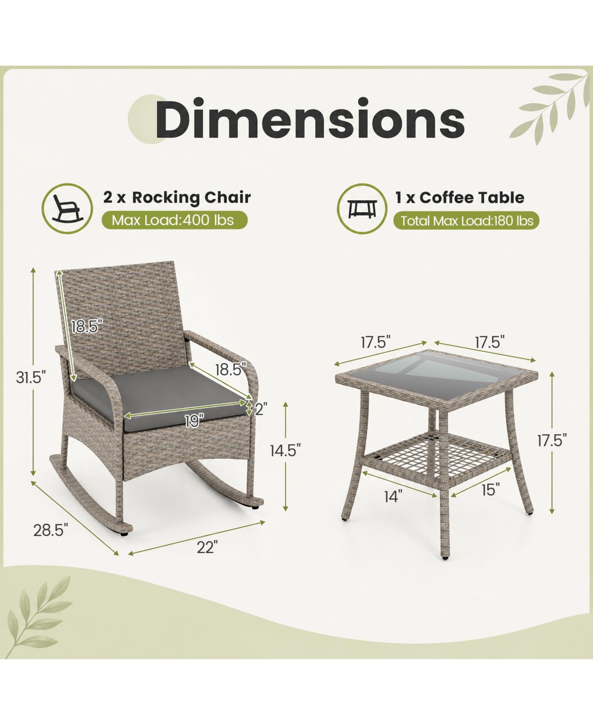 Gymax 3-Piece Rocking Bistro Set with Cushions and Glass Coffee Table for Garden Outdoor Mixed