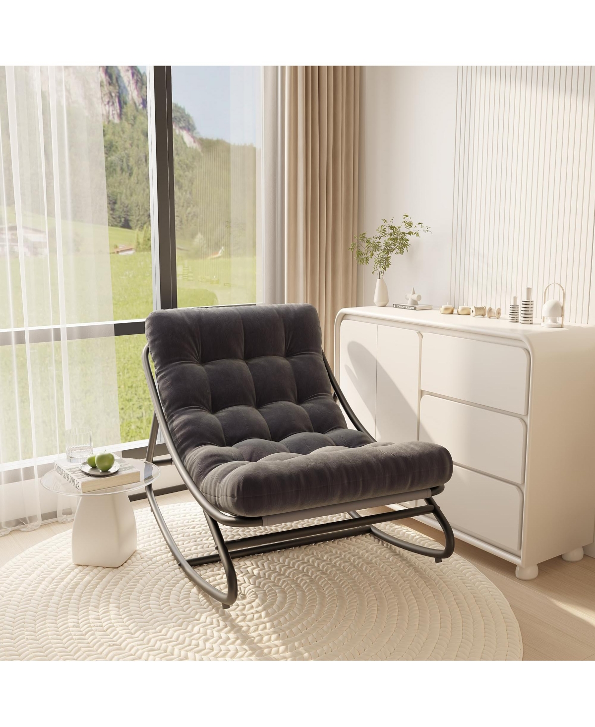 GarveeLife Papasan Rocking Chair with Cushion, Indoor Outdoor Metal Patio Rocker, Washable Cover
