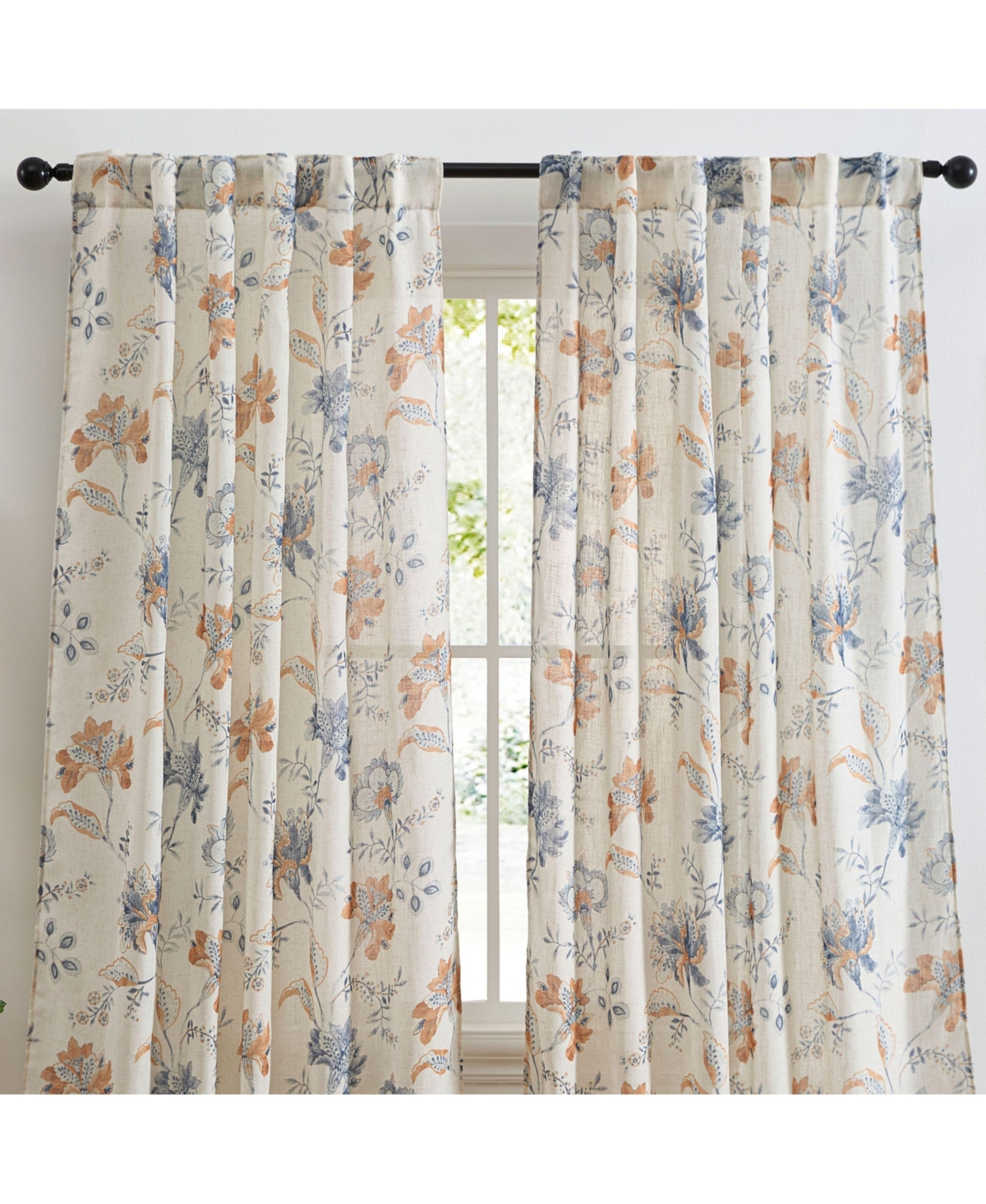 Hlc.me Spring Bloom Linen Floral Print Patterned Curtains - Back Tab Pocket Window Flower Curtains Panels for Bedroom and Living Room
