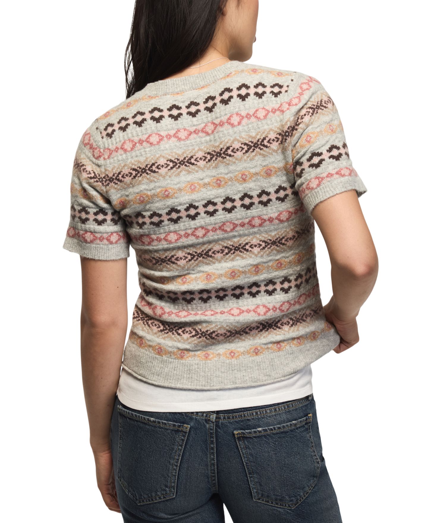 Женский свитер Lucky Brand Fair Isle Crewneck Short-Sleeve, цвет: Светлый меланжевый серый — фото 4