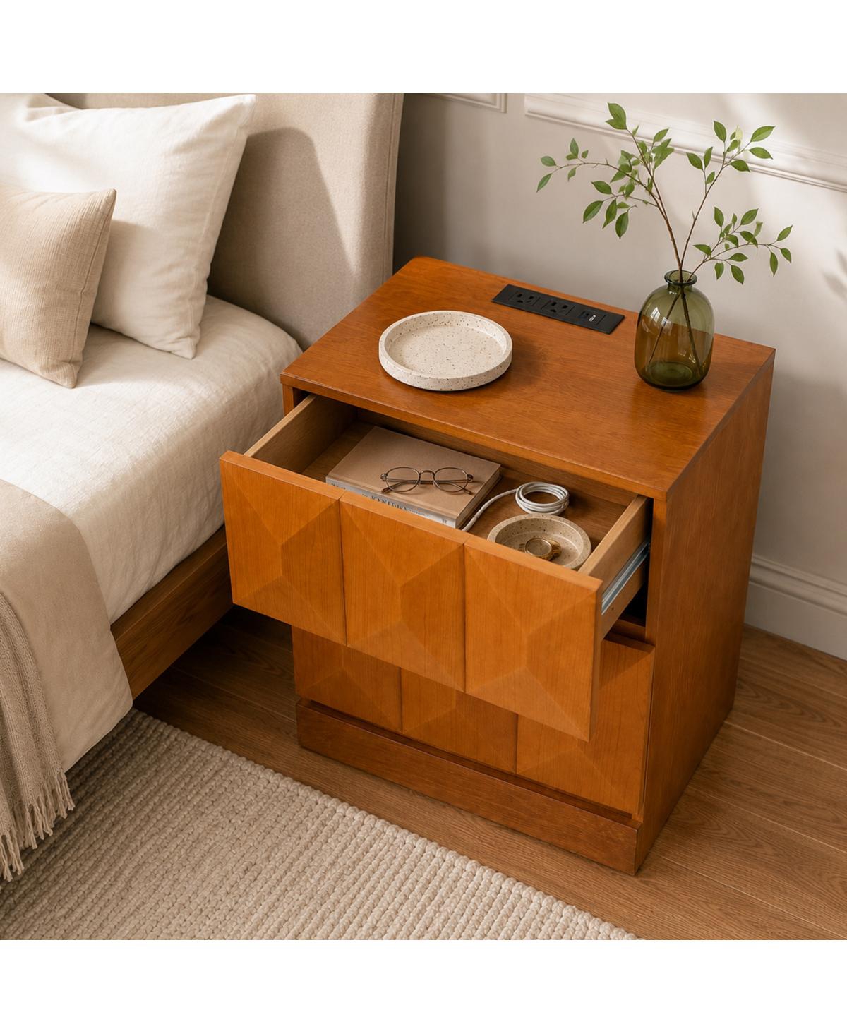 Streamdale Furniture Tall Modern Nightstand with Charging Station and Drawers, Natural Wood