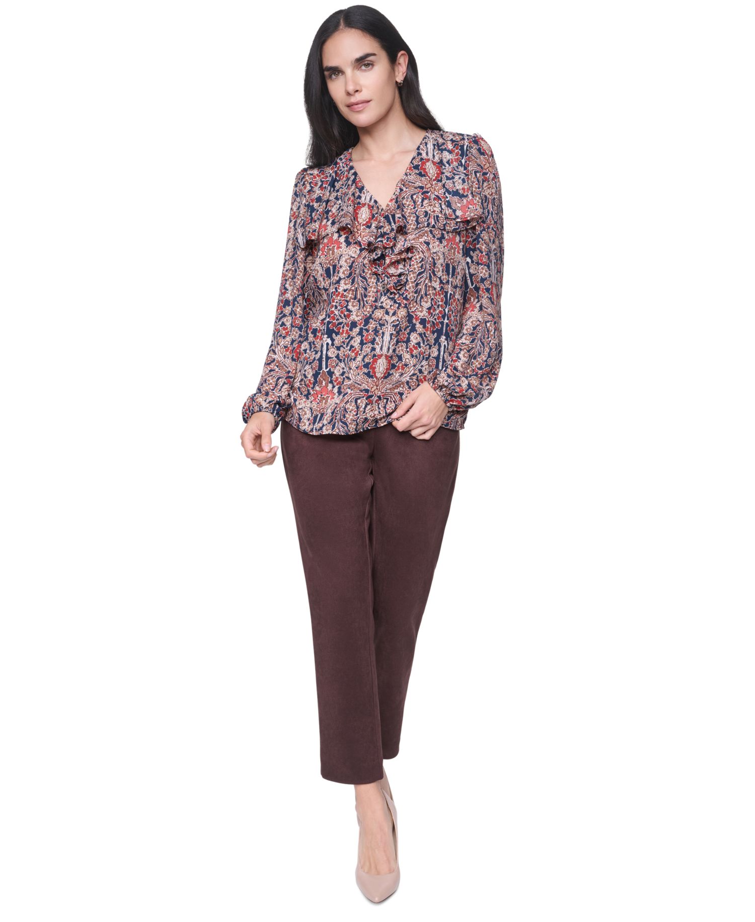 Women's Long-Sleeve Floral-Print Ruffle-Trim V-Neck Blouse