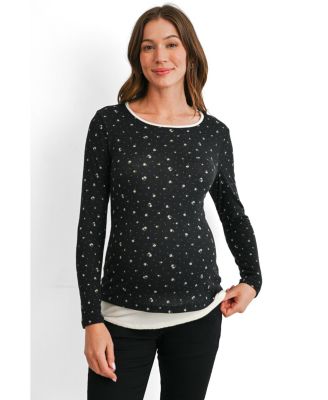 Maternity Floral-Print Scoop Neck Fitted Long-Sleeve Top