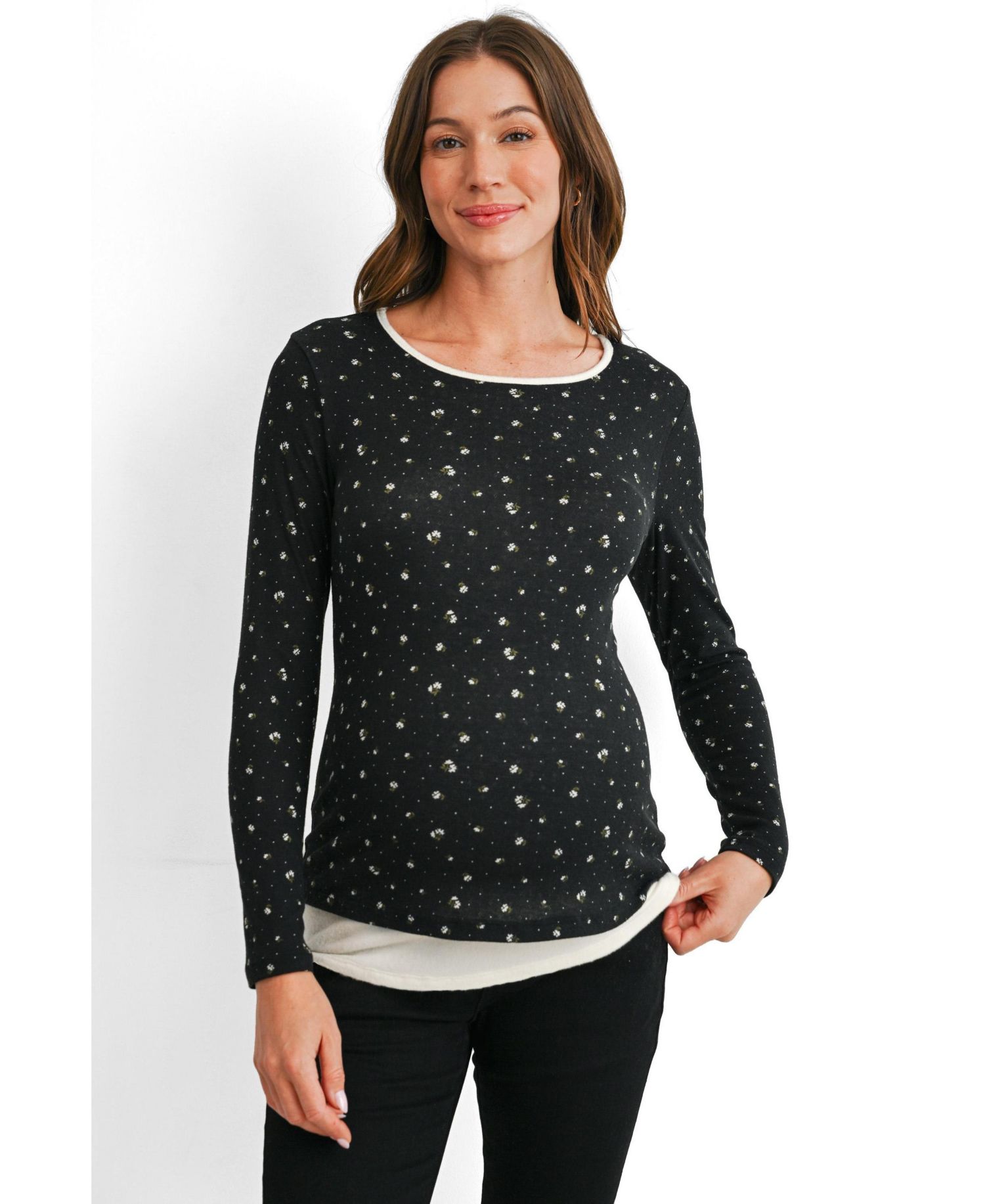 Maternity Floral-Print Scoop Neck Fitted Long-Sleeve Top